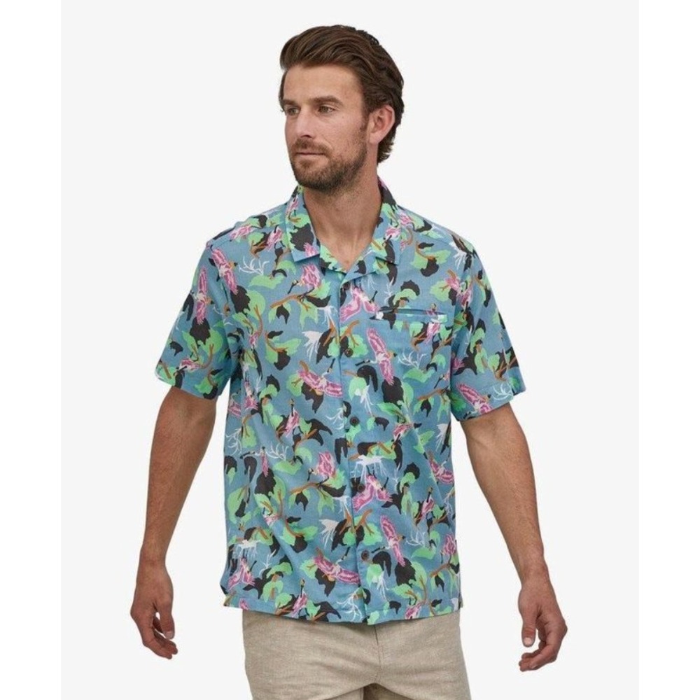 VTG Rare Patagonia Men's A/C Button Up Sz L  Blue Spoonbill‎ Bird Hawaiian Hemp